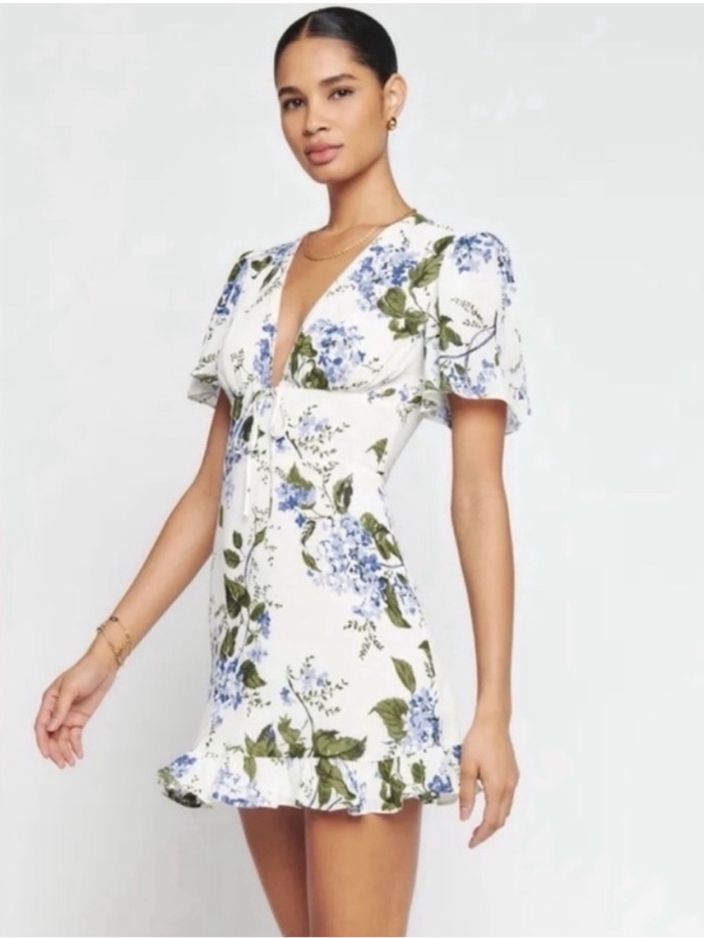 Reformation White Floral Mini Dress with Blue and Green Print